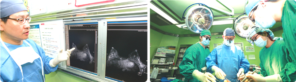 1. 유방재건 수술장면 참고자료 2. 엑스레이사진을 설명하는 의료진 사진 참고자료